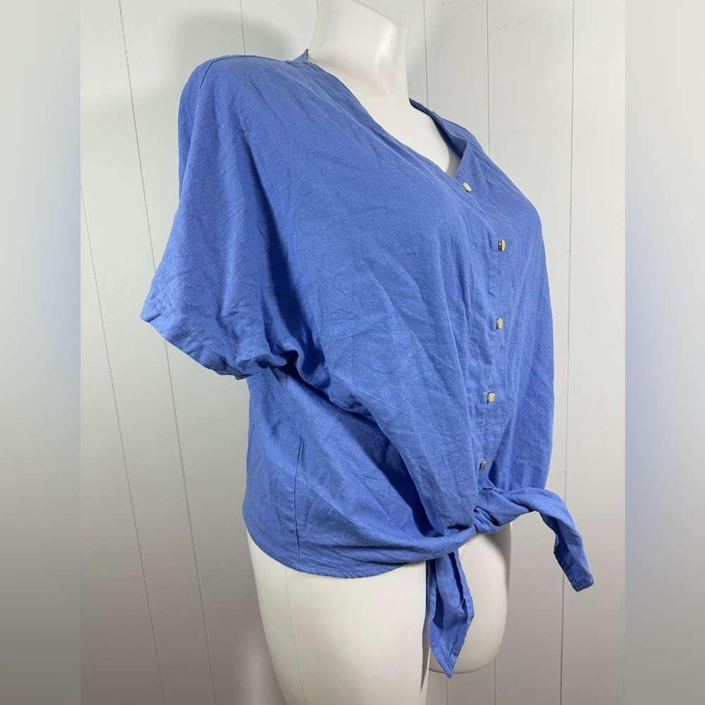 Anne Klein Sz L Women’s Linen Blend Short Sleeve Front Tie Blue Top Boho Resort - Picture 6 of 13
